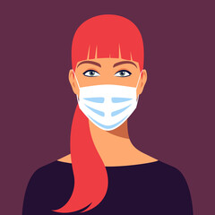 Young redhair woman wears medical mask. Virus and disease prevention. Concept of coronavirus 2019-nCoV quarantine. Avatar female portrait, full face. Stock vector illustration in flat style.