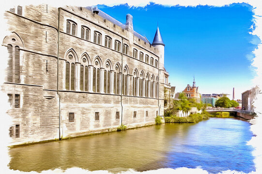 City Ghent. Imitation of oil painting. Illustration
