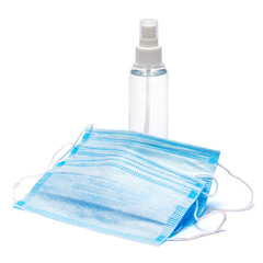 bottle of cream, lotion, sanitizer or liquid soap and protective mask isolated on white background