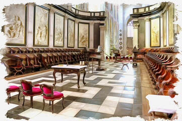 Inside the cathedral  of Saint Bavo. Imitation of oil painting. Illustration