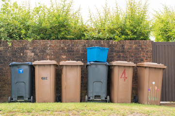 Row of brown and black recycle bins lined up in front of a brick wall ready to be emptied by refuse...