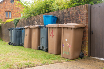 Row of brown and black recycle bins lined up in front of a brick wall ready to be emptied by refuse collectors. Hertfordshire. UK