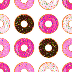 Seamless donut pattern on white background. Great for the design of bakeries and pastry shops. Also for wrapping paper or fabric.
