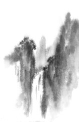 Fototapeta na wymiar Waterfall . Background with mountains. Ink mountain landscape. Mountains in the fog.Traditional oriental ink painting. Style of mountain, water. Black and white. Chinese, japanese traditional style.