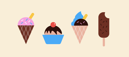 Vector icons of types of ice cream in a colourful flat style