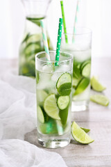 Refreshing tonic with slices of cucumber, mint, lime