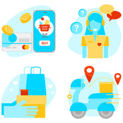 vector icon set online shopping, delivery and customer service in blue yellow red tone color 