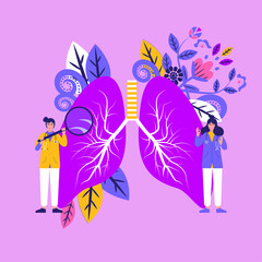 Pulmonology concept. Lungs healthcare persons. Internal organ inspection check for illness, disease or problems. Flat vector illustration