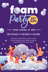 Foam party in beach club, poster banner invitation design template. People dance on night disco. Vector illustration