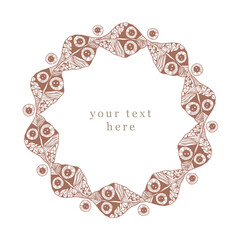 Circle ornament in ethnic style. Repeating element, pattern. Hand-drawn graphic objects, stylized leaves, feathers. Template for design, text space, emblem. Boho illustration, vector round frame. 
