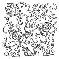 Underwater life, sea in Doodle style .Tropical fish and jellyfish. Anti-stress coloring books page for adults and children. Vector illustration,