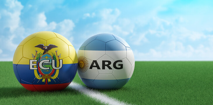 Ecuador vs. Argentina Soccer Match - Soccer balls in Ecuador and Argentina national colors on a soccer field. Copy space on the right side - 3D Rendering 