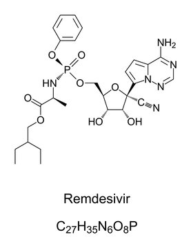 Remdesivir. Chemical structure. A broad-spectrum antiviral medication. Remdesivir is the international nonproprietary name, the development code name is GS-5734. Skeletal formula. Illustration. Vector