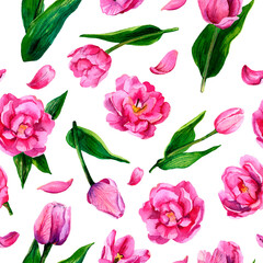 Seamless watercolor pattern with pink tulips. Spring, summer flowers isolated on a white background. Excellent for wallpaper, wrapping paper, background, textile.