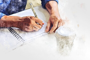 Abstract colorful business man drawing and writing creative work on table in the offices on watercolor illustration painting background. - obrazy, fototapety, plakaty