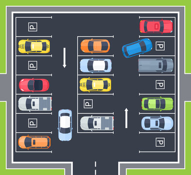 Vector illustration of city top view parking with cars in cartoon flat style. Urban traffic concept. Parking zone and parking lot. City transport services. Outdoor auto park for web banner