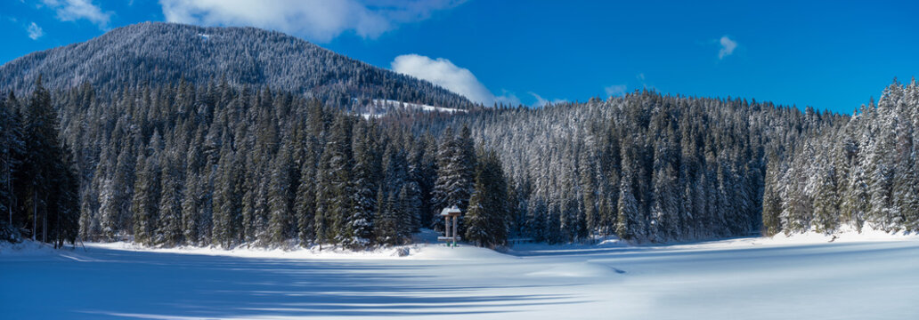 Synevir Lake Ukraine panorama of the lake in winter.