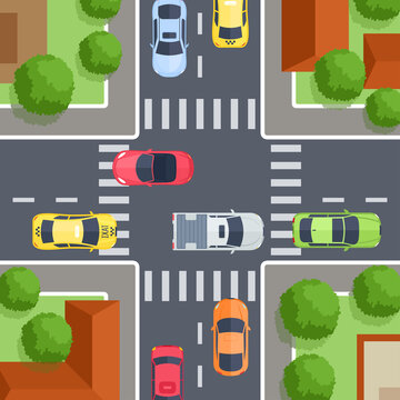 Vector illustration of crossroad top view with sidewalk, crosswalk, cars, trees and house. Street urban  concept in flat cartoon style for map, web, banner. City infrastructure. Top view of the city.