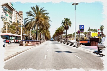 Barcelona, cityscape. Imitation of oil painting. Illustration