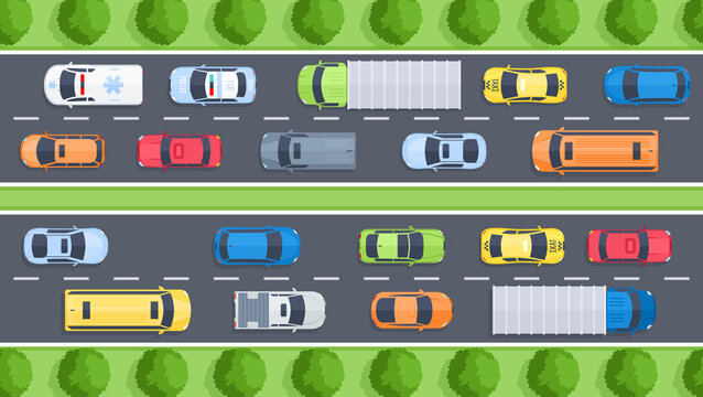 Vector illustration of highway top view with sidewalk, cars, trees and  vehicles. Street urban concept in flat cartoon style for map, web, banner. City infrastructure. Top view of the city.