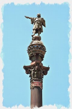 Barcelona. Monument To Christopher Columbus. Imitation Of Oil Painting. Illustration