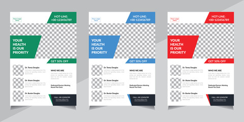 Medical Flyer Design, Health care cover template design for a report and medical brochure design, vector illustration, blue, green, red color, A4 size