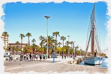 Barcelona. Embankment. Imitation of oil painting. Illustration