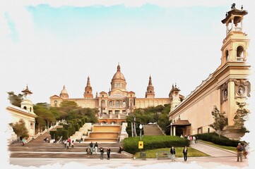 Fototapeta na wymiar Barcelona. National palace. Imitation of oil painting. Illustration
