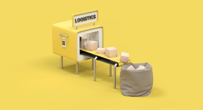 parcel on conveyor belt, illustration on logistics 3D rendering