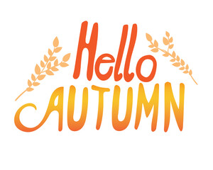 Lettering with the text hello autumn is isolated on a white background as a sticker, comic vector stock illustration with hand drawn words and leaves for Bullet journal