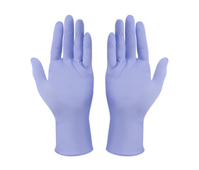 Obraz premium Medical nitrile gloves.Two purple surgical gloves isolated on white background with hands. Rubber glove manufacturing, human hand is wearing a latex glove. Doctor or nurse putting on protective gloves