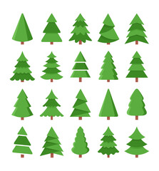 Vector set of cartoon Christmas trees, pines for greeting card, invitation, gift box, banner, web. New Years and xmas traditional symbol tree. 2020 winter holiday.  Flat icons collection