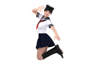 3D Render : The portrait of a  young girl is jumping in the air with happy feeling