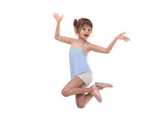 3D Render : The portrait of a  young girl is jumping in the air with happy feeling