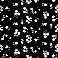 Tiny flowers seamless pattern, vector, black and white