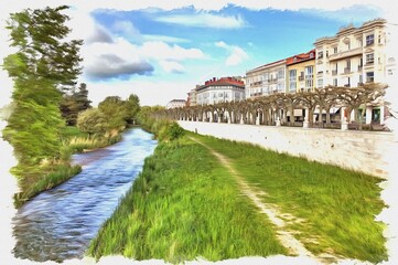 Fototapeta na wymiar Spain. Burgos and the river Arlanzon. Cityscape. Imitation of oil painting. Illustration