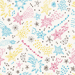 Fototapeta premium Vector Comets and Stars doodle seamless pattern. Vintage wallpaper with stars. 