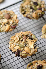 Mixed Nut and Dried fruits and Seeds Florentine, Gluten free whole foods Healthy biscuit cookies. set on cafe table.