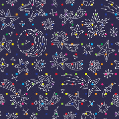 New Year's seamless pattern with Sun, Moon (Crescent), Stars, Comets. Holiday background. Hand Drawn Doodles illustration. 