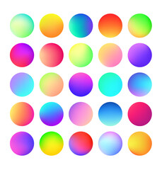 Vector set of rounded holographic color gradient for button, web, digital, design mobile app. Modern display themes and vibrant glowing buttons. Multicolored,  neon, bright, soft circle gradients