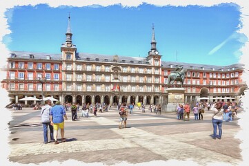 Madrid. Plaza Mayor. Imitation of oil painting. Illustration