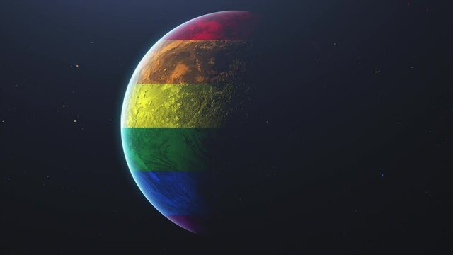 Colored stars. Rotating planet earth in outer space is shrouded in colorful stripes. 
Rainbow wraps around the earth. 3D Render. Images from NASA. 