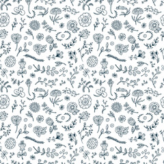 Black and white floral background. Vector floral Seamless pattern. Hand Drawn Doodles Flowers and Leaves.
