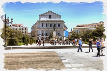 Obraz premium Madrid. Eastern square. Imitation of oil painting. Illustration
