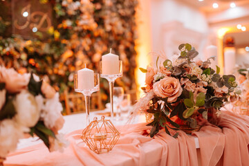 Beautifully romantically decorated table for a special event. Decoration for the celebration