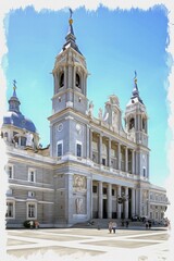 Fototapeta na wymiar Catholic Cathedral of the Virgin of Almudena. Imitation of oil painting. Illustration
