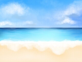 tropical beach with blue sky and clouds watercolor painting