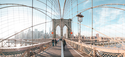 New York City, United States of America - May 26, 2016: Walking on Brooklyn Bridge in Manhattan, New York City NYC