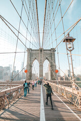 New York City, United States of America - May 26, 2016: Walking on Brooklyn Bridge in Manhattan, New York City NYC