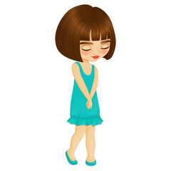 Cute little girl stands  shyly closing her eyes